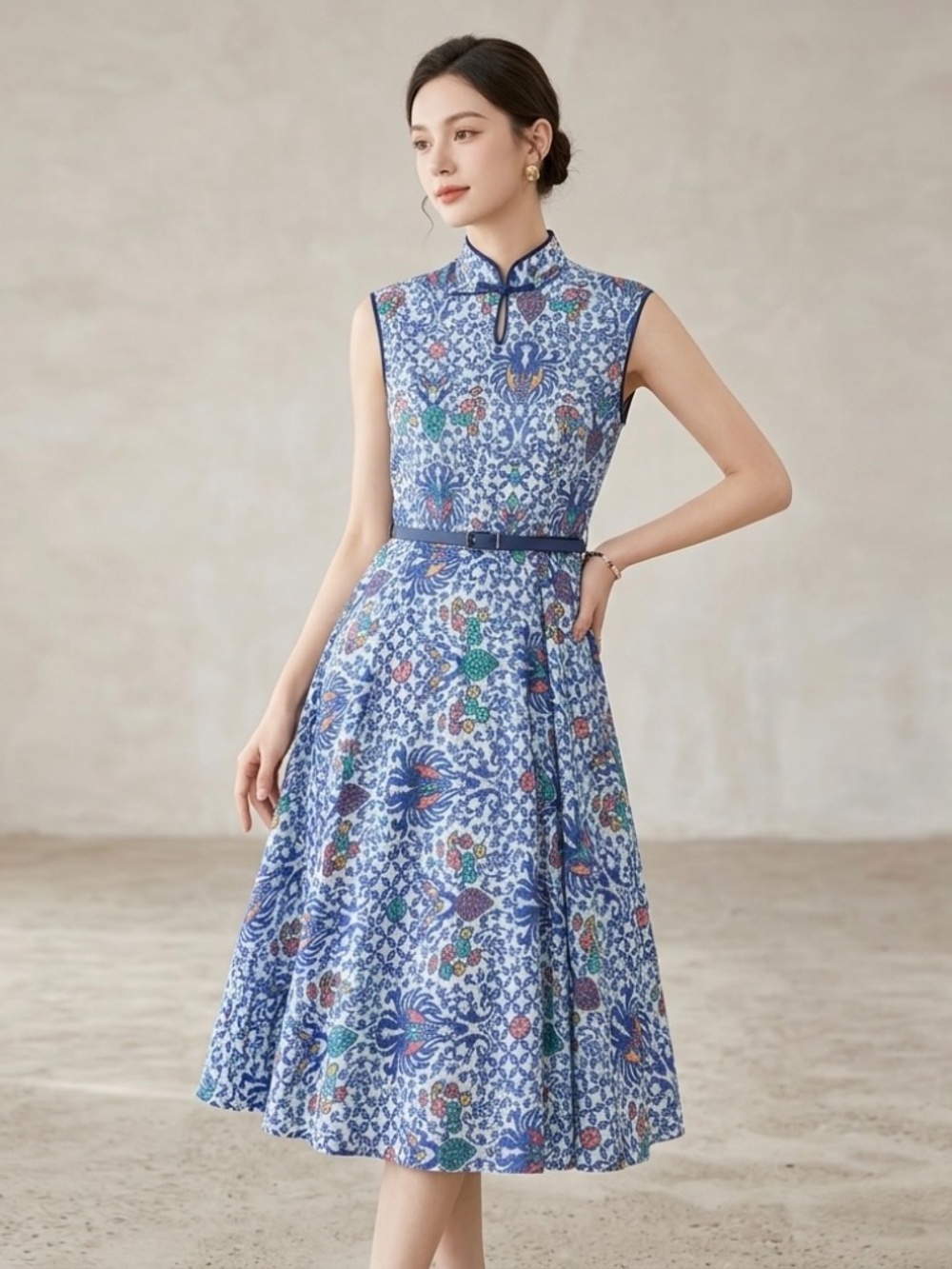 Vintage Vincenti Mid Century Blue Asian Floral Print Fit & Flare Dress Belted